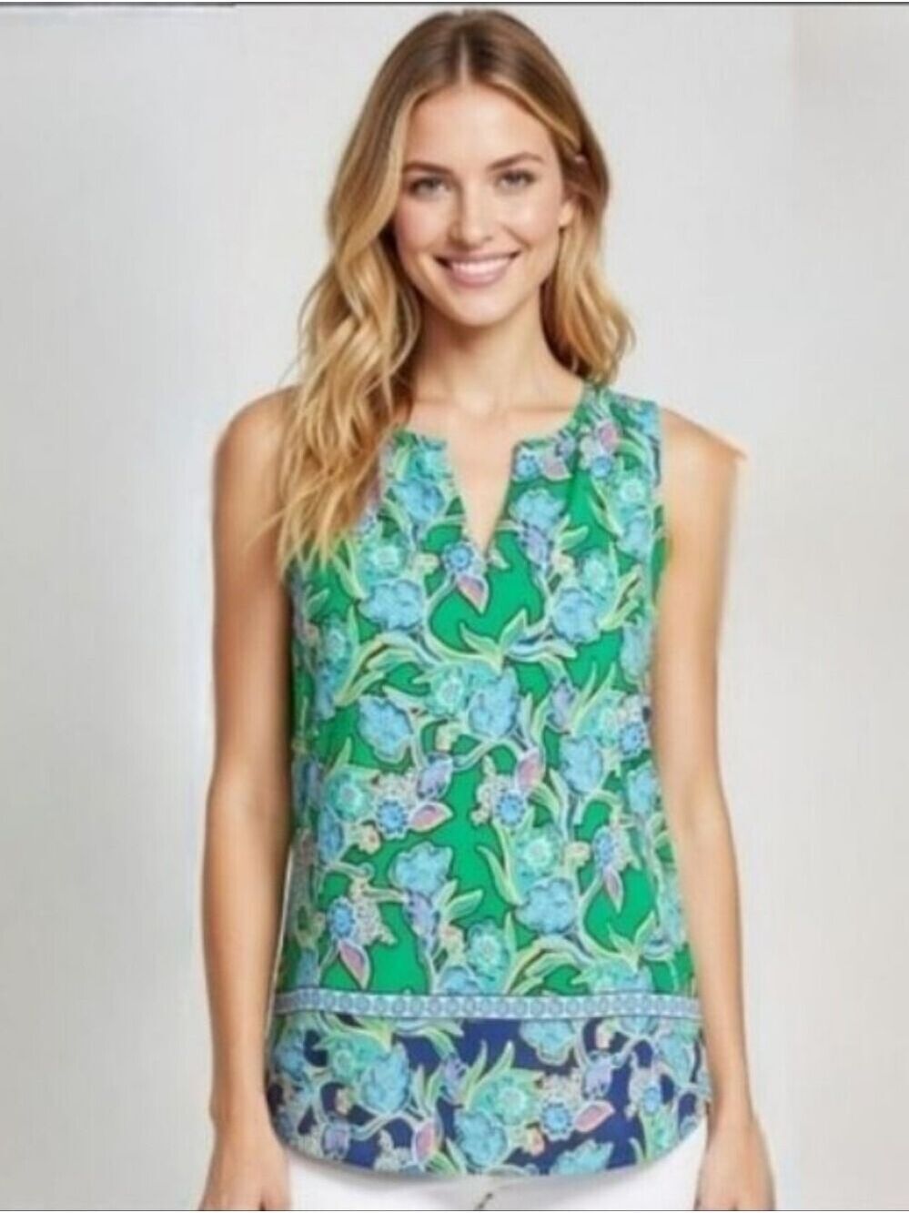Rose & Olive Preppy Green Blue Pink Floral Paisley V Neck Sleeveless Top Size XS
